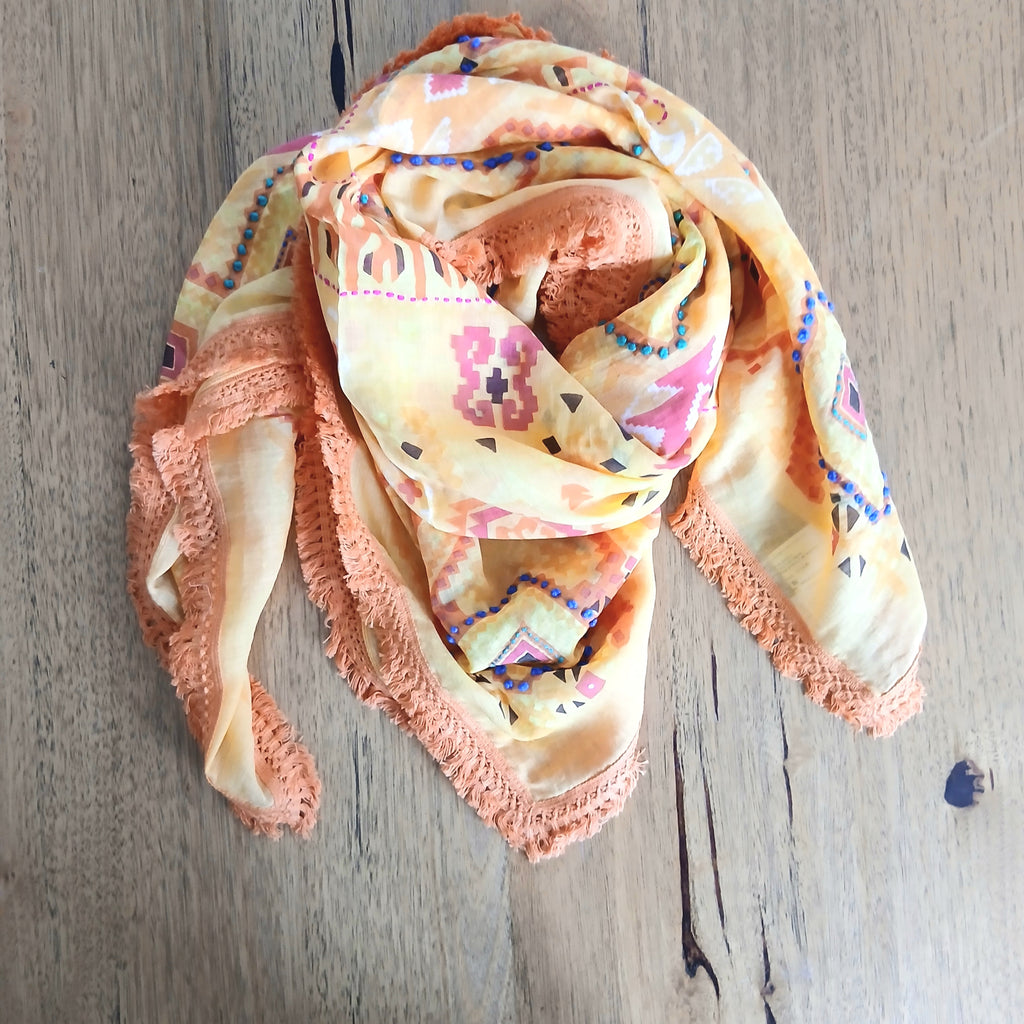 Palme Cotton Square Embroidered Fringe Scarf - 52669