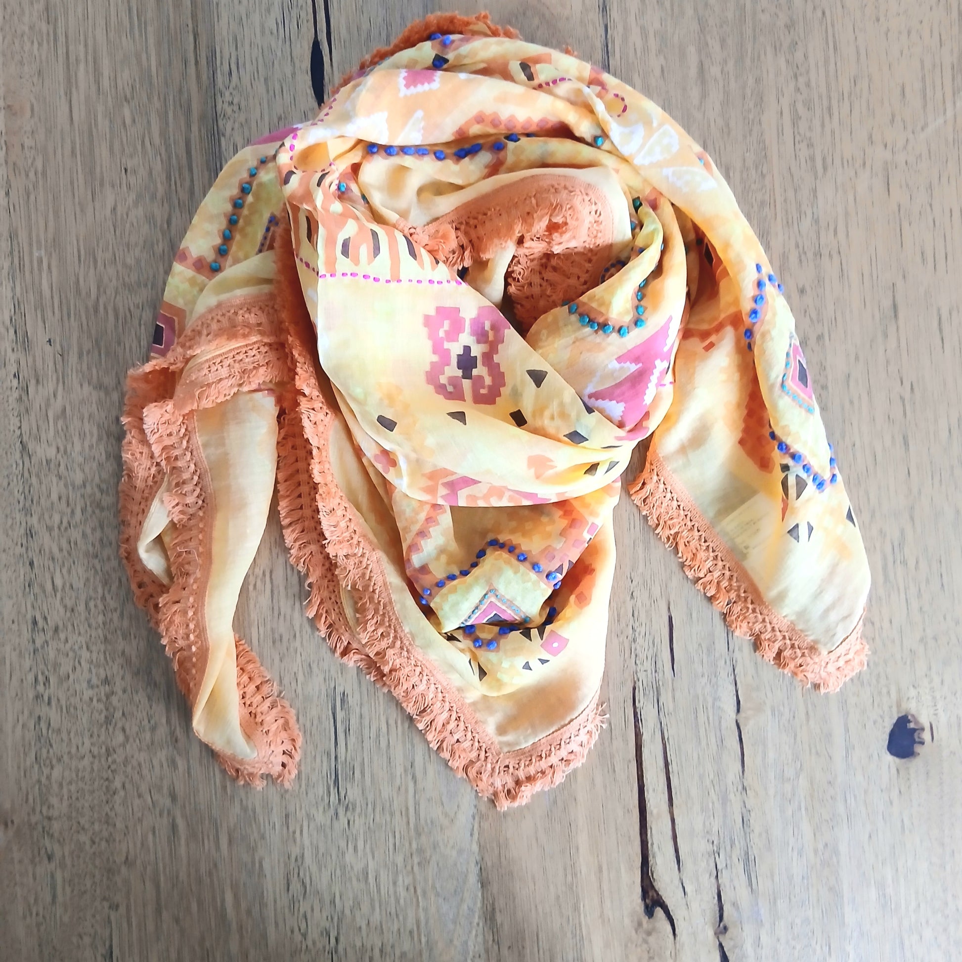 Palme Cotton Square Embroidered Fringe Scarf - 52669