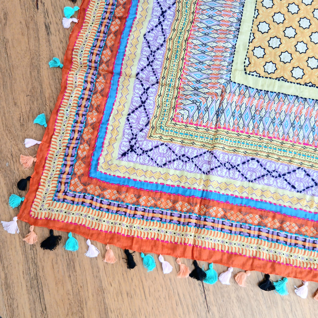 Cotton Square Embroidered Scarf with Pompom 46209