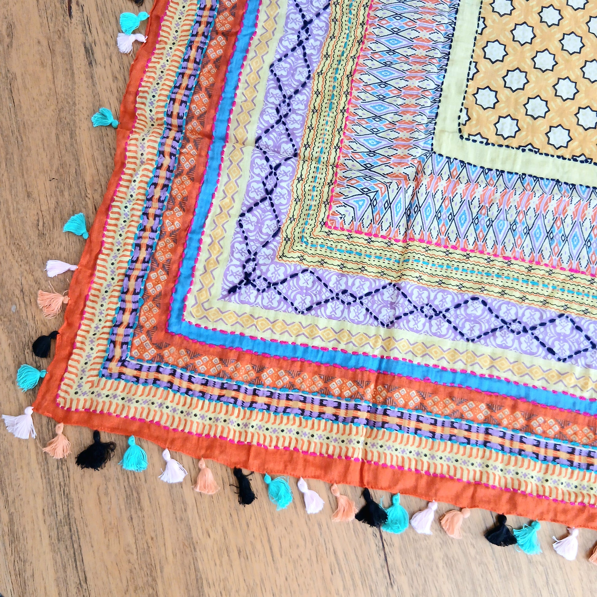 Cotton Square Embroidered Scarf with Pompom 46209