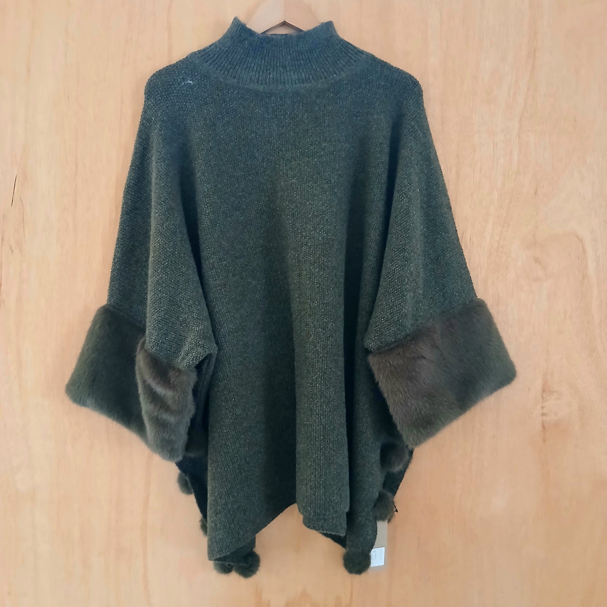 Faux Fur Poncho with Pom Poms 332767