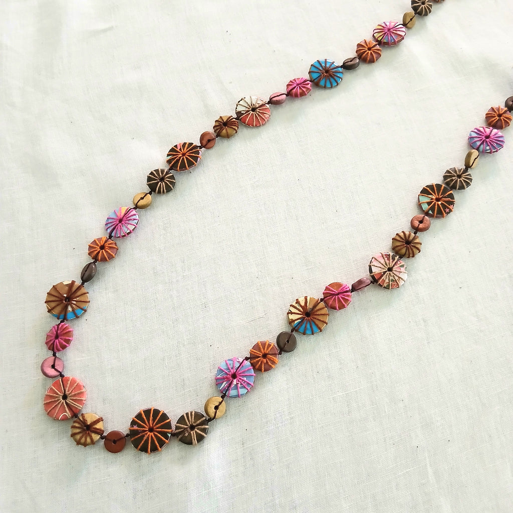 Multicoloured Embroidered Wooden Bead Necklace N6-6056X