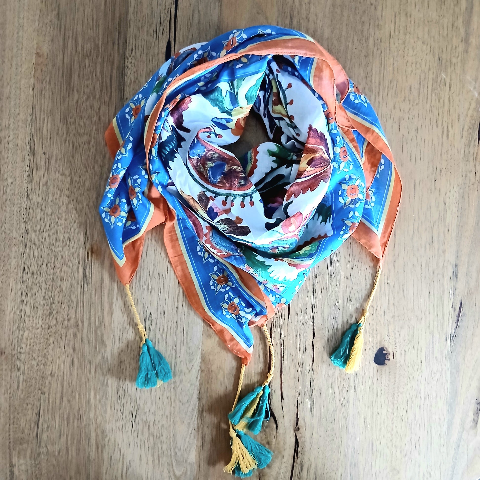 PRE-ORDER Folk Printed Square Cotton Scarf with Tassels 65530