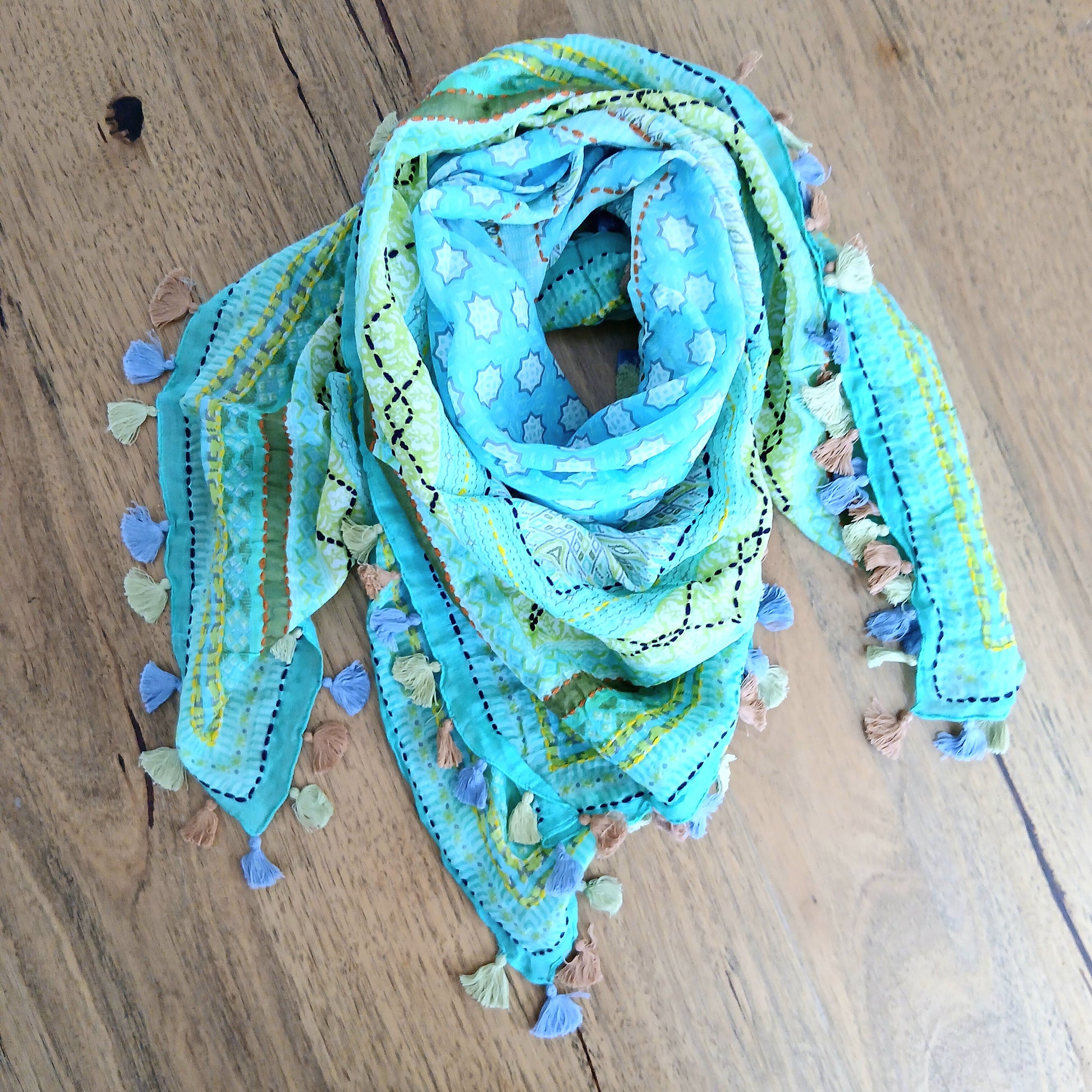 Cotton Square Embroidered Scarf with Pompom 46209