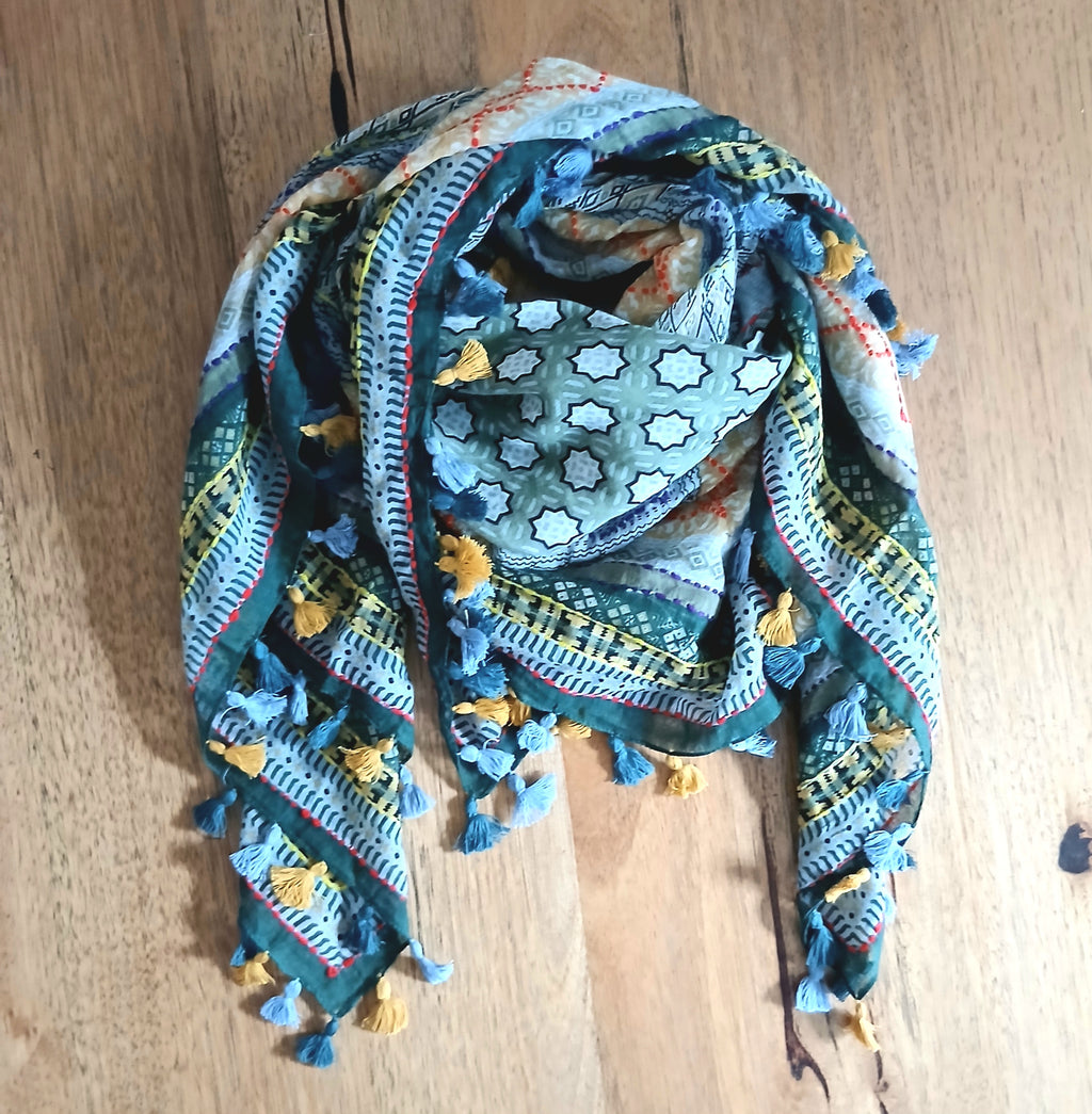 Cotton Square Embroidered Scarf with Pompom 46209