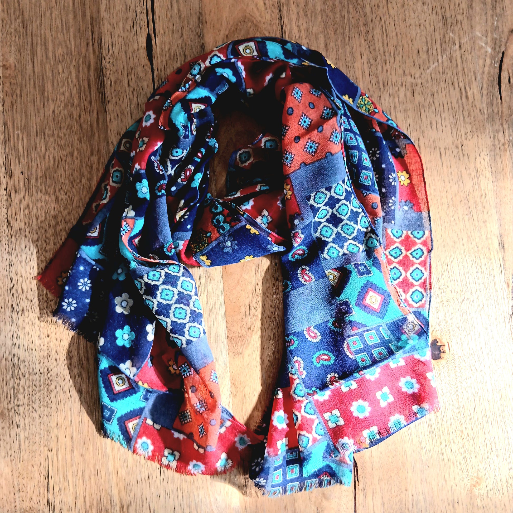 Merino Wool Patterned Scarf - Patchwork Print YASH-731