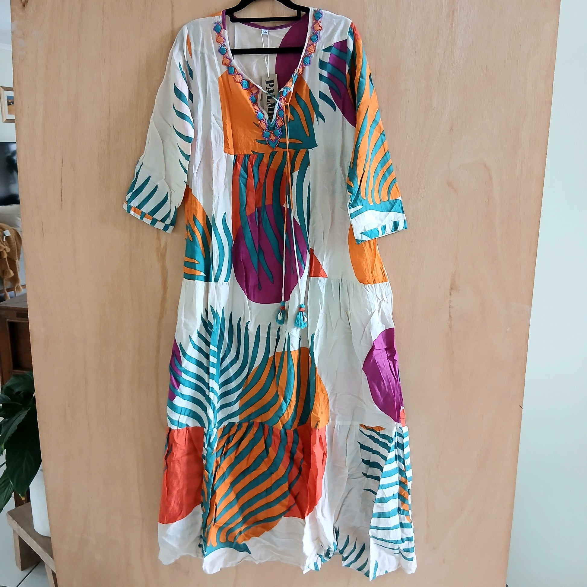 Long Cotton Dress With 3/4 Sleeves 64413 Bright