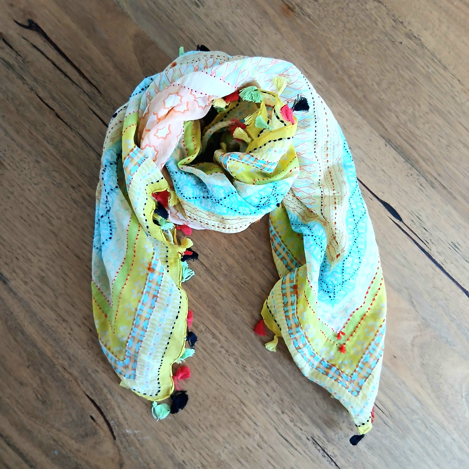 Cotton Square Embroidered Scarf with Pompom 46209