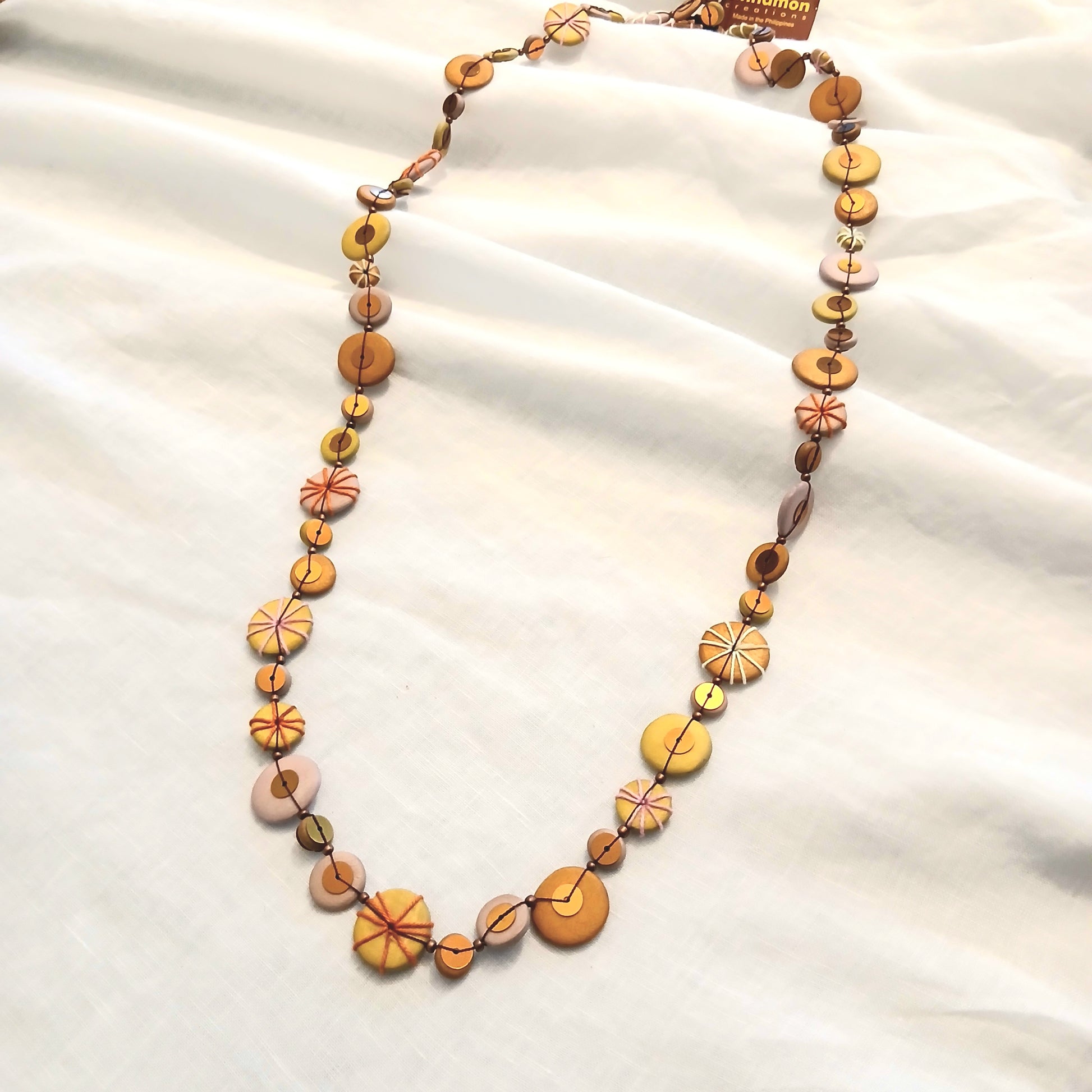 PRE-ORDER Long Embroidered Wooden Beads and Gold Necklace N7-1500