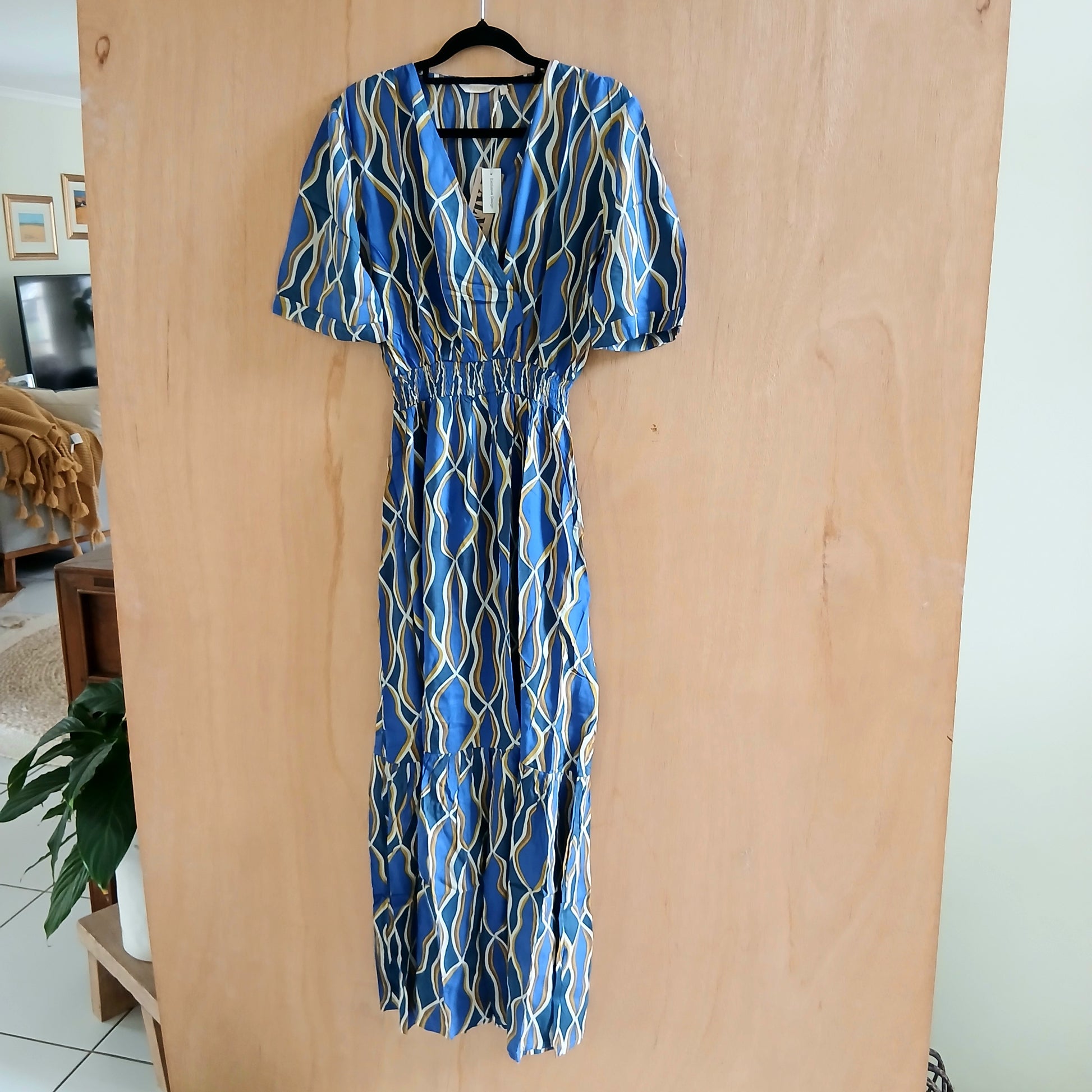 Palme Long Viscose V-Neck Dress with Frill - Bleu Fonce 65852