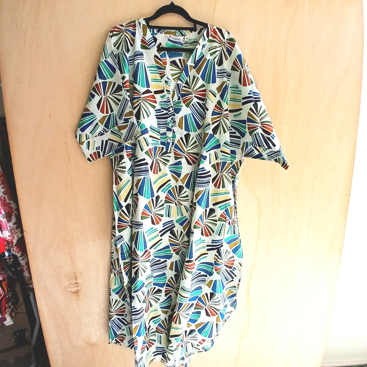 Large 3 Buttons Cotton Dress 67152 Multi Green and Blue