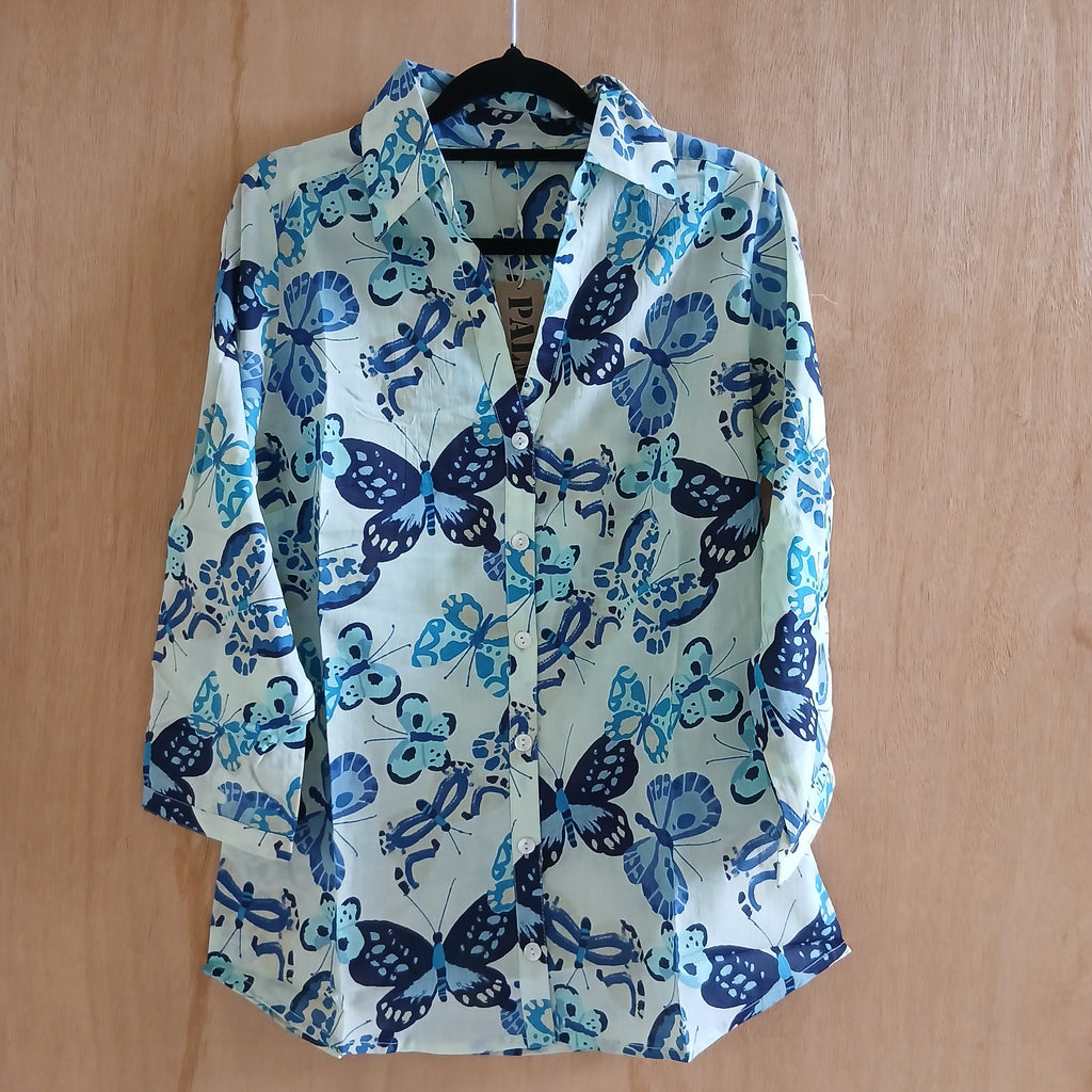 Palme Butterflies V Neck+3/4 Sleeves Cotton Shirt - Bleu Clair 65943