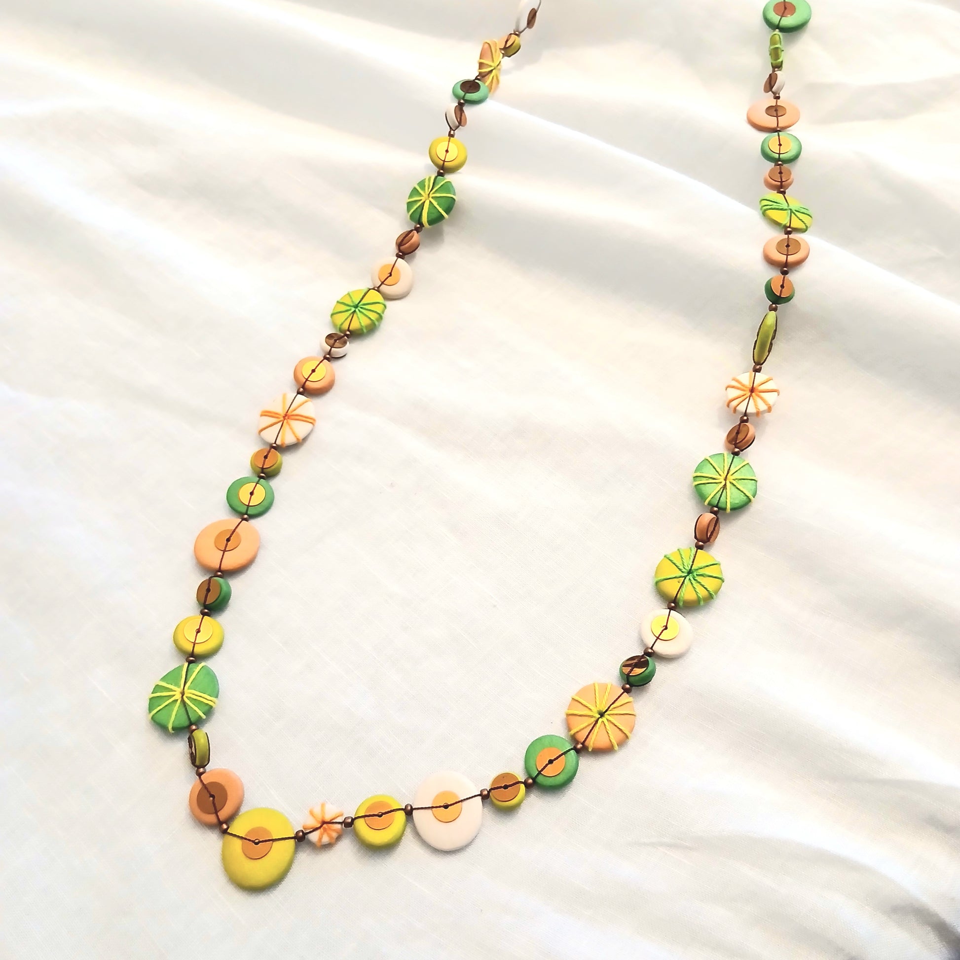 PRE-ORDER Long Embroidered Wooden Beads and Gold Necklace N7-1500