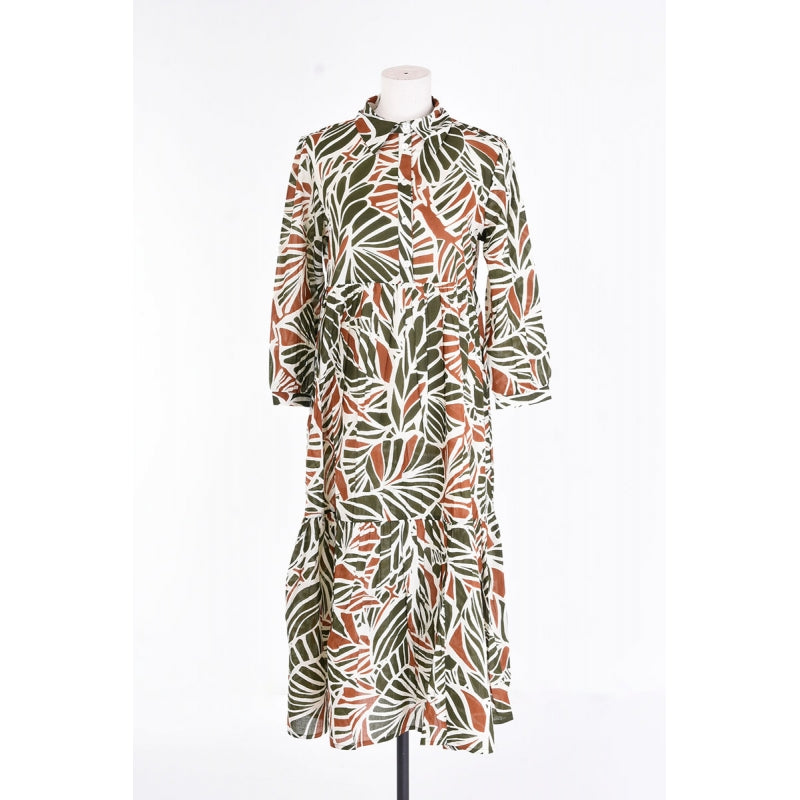 Buttoned Shirt Collar Midi Dress - Vert Fonce