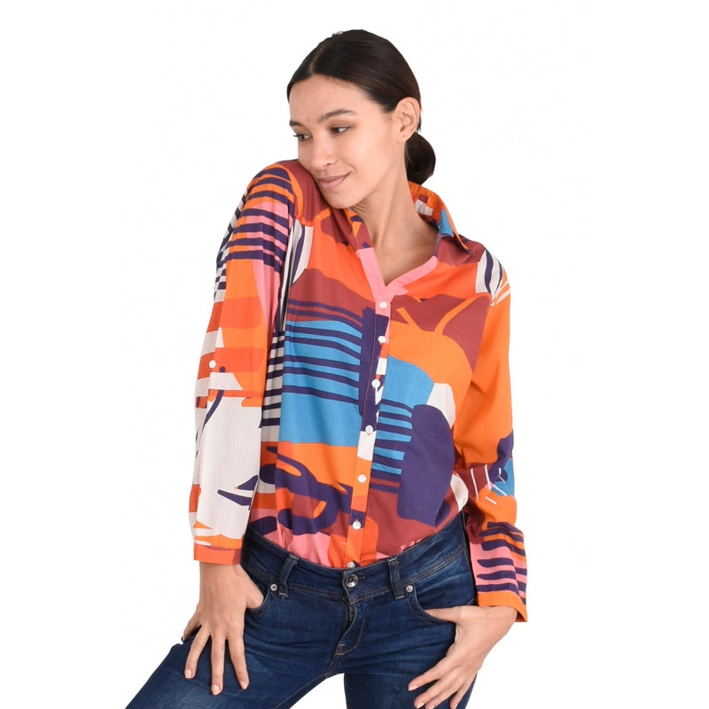 PRE-ORDER V Neck 3/4 Sleeves Printed Cotton Shirt 67012