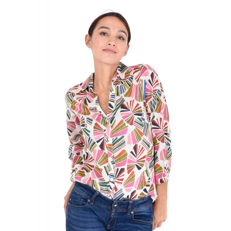 V-Neck+3/4 Sleeves Cotton Shirt 67141