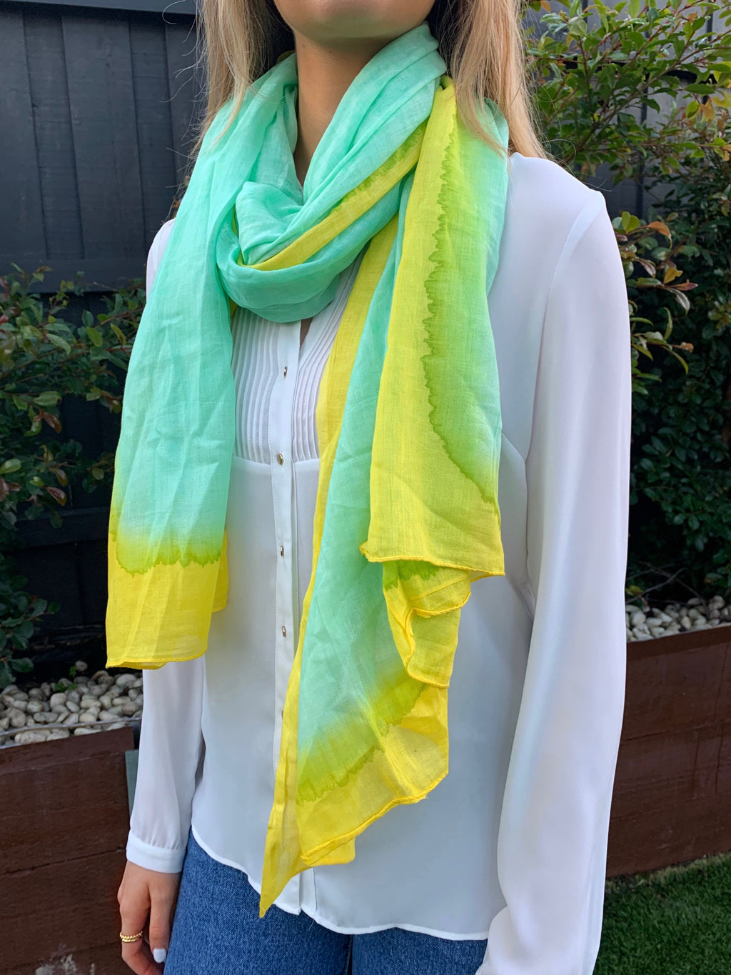 Cotton Printed Ink Sarong Scarf - Aqua/Yellow 16342