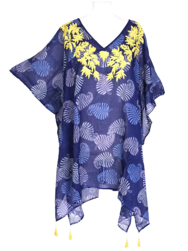 Palme Cotton Embroidered Kaftan - Blue/Yellow