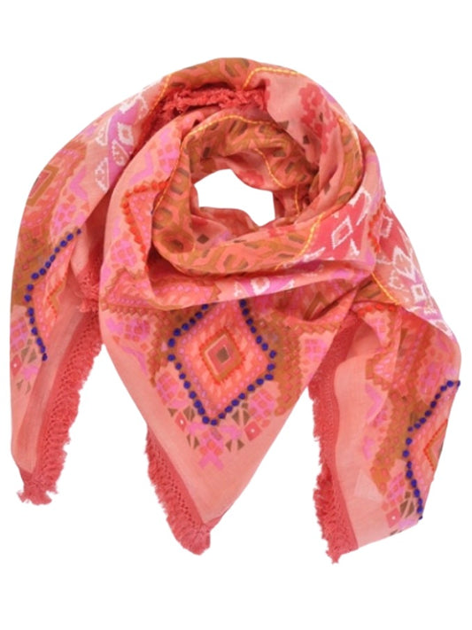 Palme Cotton Square Embroidered Fringe Scarf - Pink
