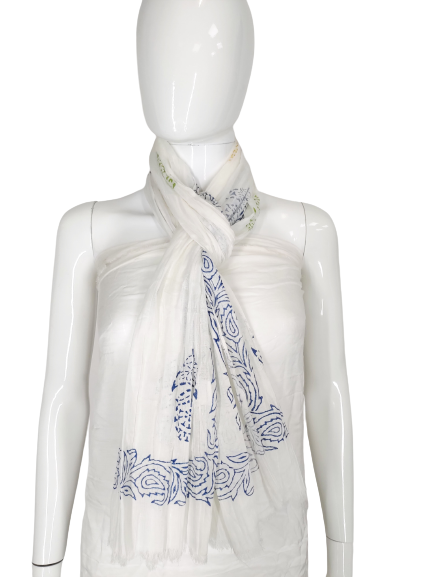 COOL COTTON NARROW WIDTH SCARF-WHITE WITH BLUE DETAIL
