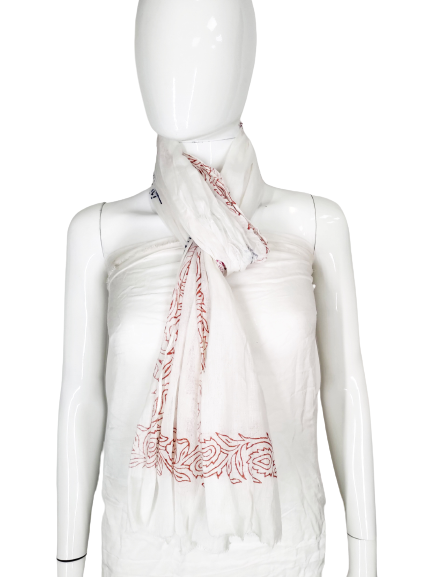 COOL COTTON NARROW WIDTH SCARF-WHITE WITH RED DETAIL