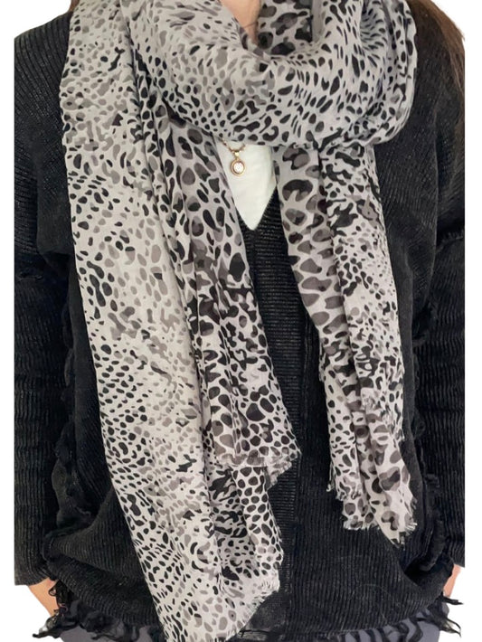 Viscose Animal Print Scarf - Black/Grey