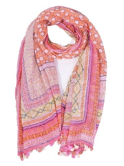 Palme Large Cotton Embroidered Scarf - Pink/Coral