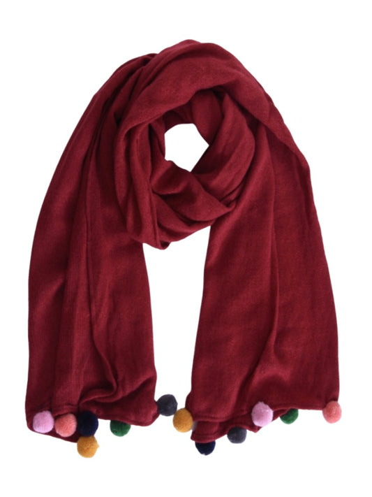 Multicolour Pom Pom Soft Scarf - Dark Red