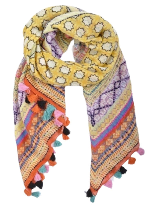 Palme Cotton Square Embroidered Pom Pom Scarf - Mustard
