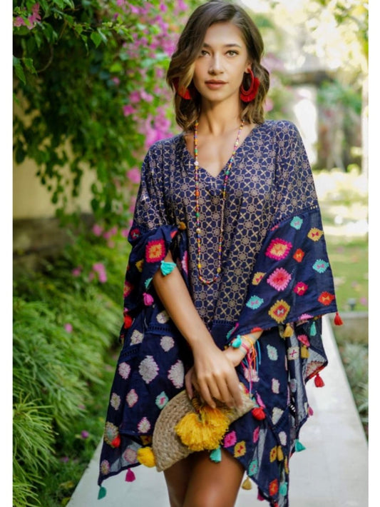 Palme Cotton Embroidered Kaftan - Dark Blue