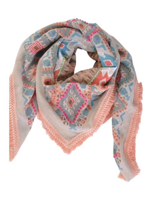 Palme Cotton Square Embroidered Fringe Scarf - Light Pink