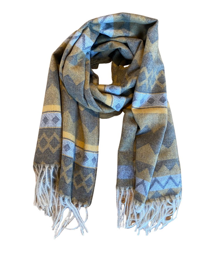 Aztec Design Soft Touch Scarf - Mustard and Light Blue