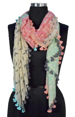 Pink and Green Patterned scarf with Pom-Poms