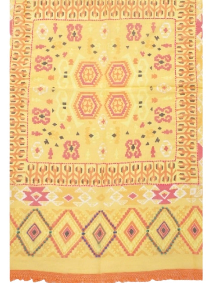 Palme Cotton Square Embroidered Fringe Scarf - Yellow