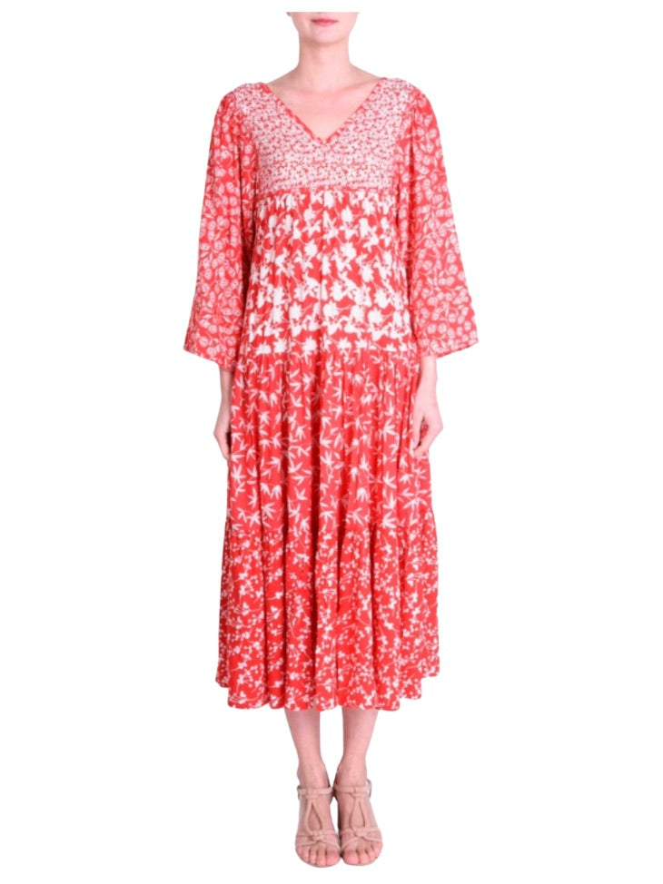 Palme V-Neck Viscose Printed Long Dress - Red