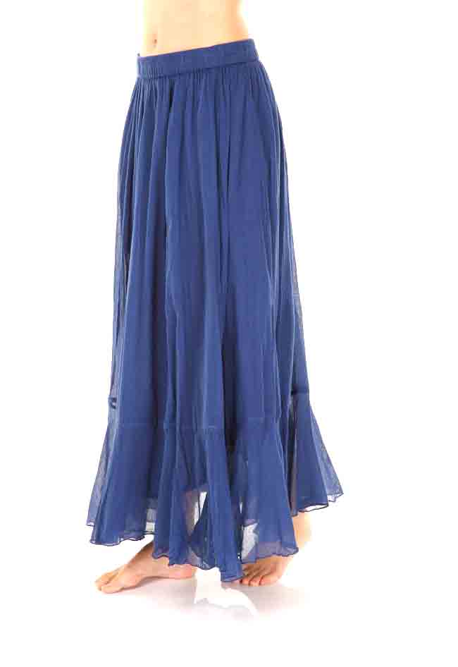 Plain Long Cotton Skirt With Frill - Bleu Fonce