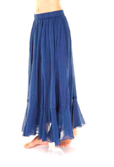 Plain Long Cotton Skirt With Frill - Bleu Fonce