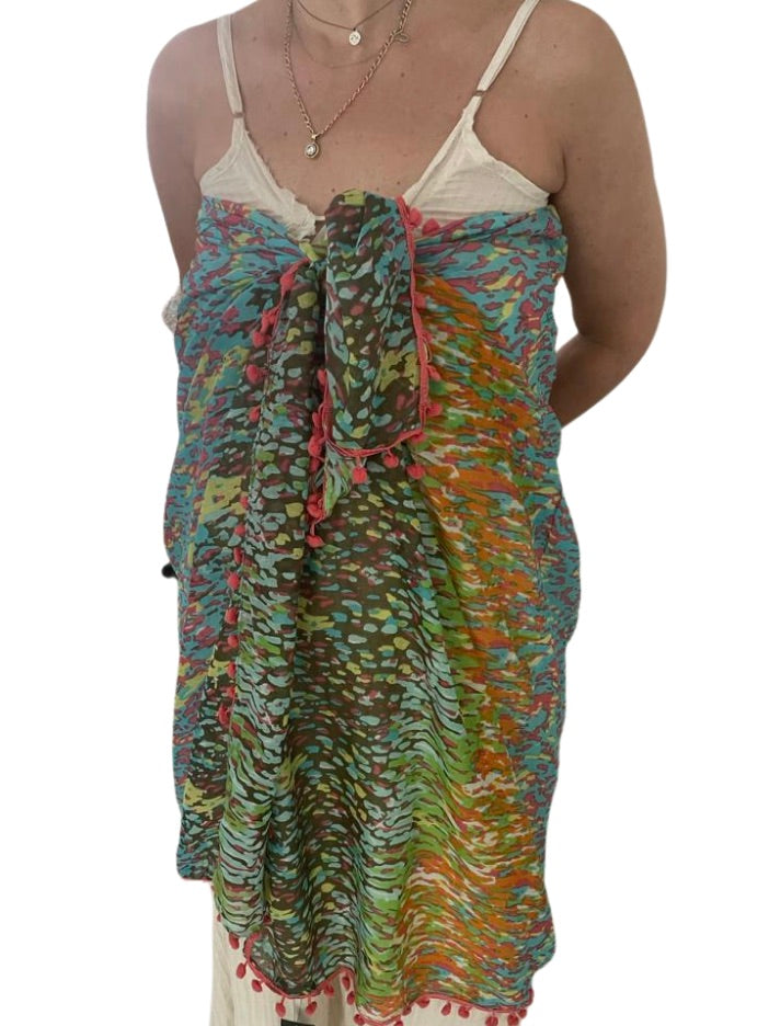 Pom Pom Splash Cotton Scarf - Aqua SC-1807