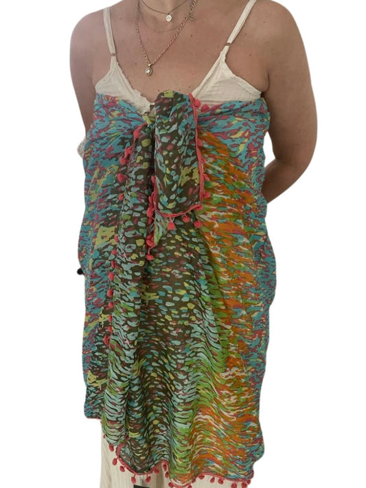 Pom Pom Splash Cotton Scarf - Aqua