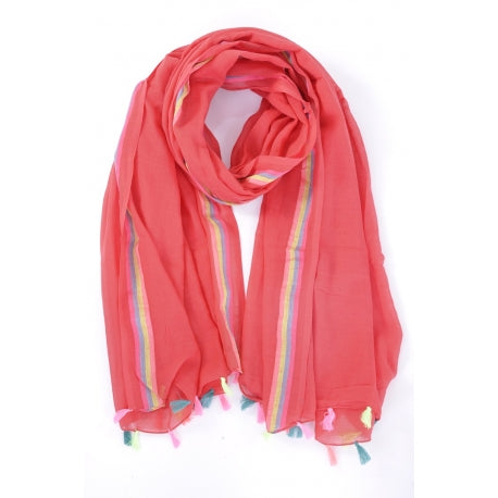 Plain Cotton Scarf with Neon Stripes - Rouge Fonce
