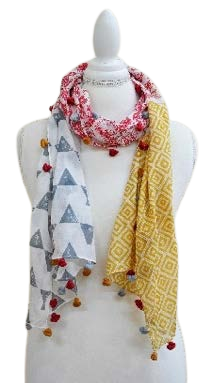 Yellow and red Patterned Scarf with Pom-poms