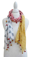 Yellow and red Patterned Scarf with Pom-poms