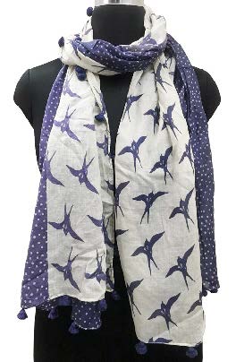 White and Blue, Bird Patterned Scarf