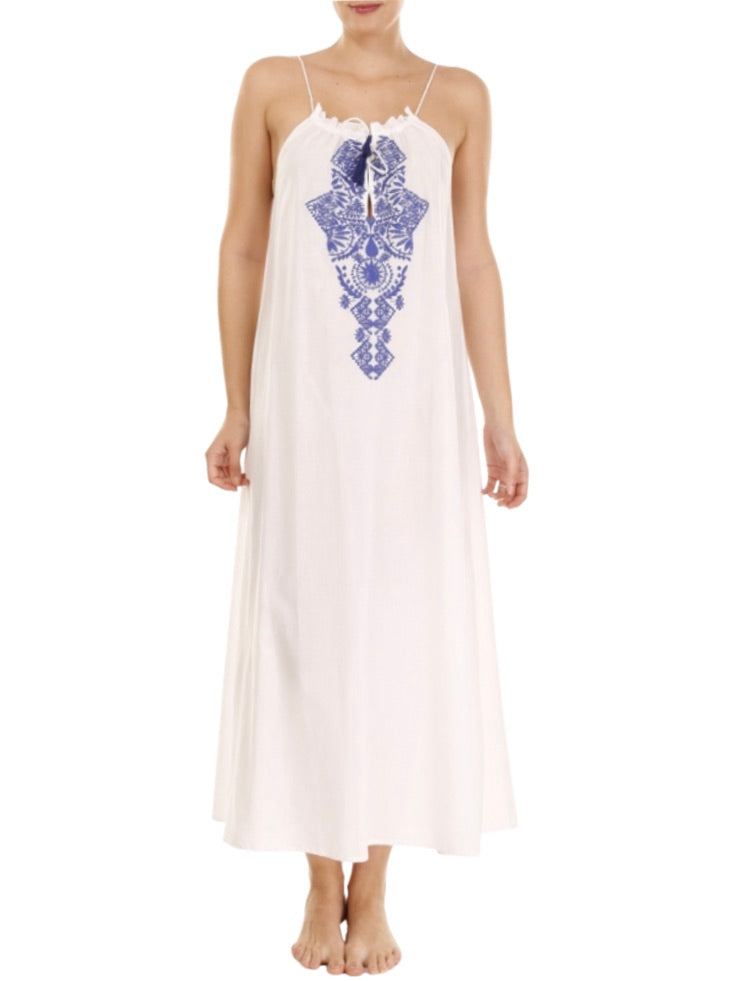 Palme Long Cotton Embroidered Dress - Dark Blue