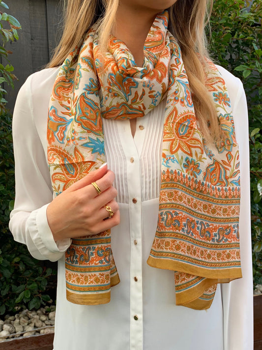 Silk Scarf - Gold/Coral