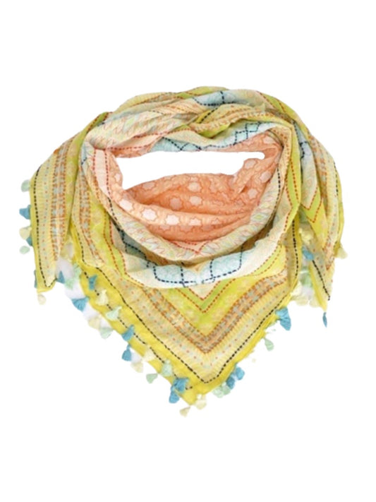 Palme Cotton Square Embroidered Pom Pom Scarf - Yellow