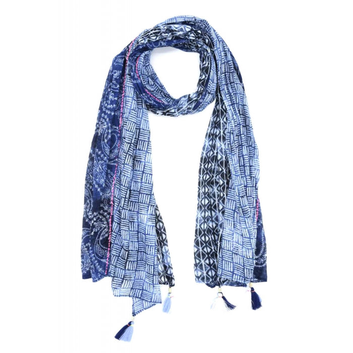 Cotton Scarf with 3 Prints and Neon Border - Bleu Fonce