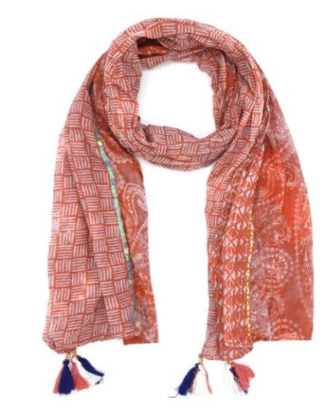 Cotton Scarf with 3 Prints and Neon Border - Rouge Clair