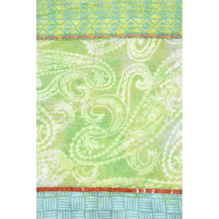 Cotton Scarf with 3 Prints and Neon Border - Vert Clair