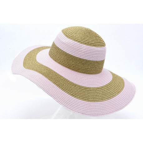 Straw floppy hat with stripes - Rose clair